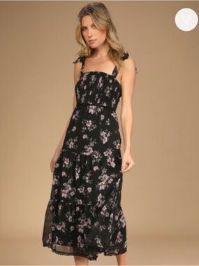 Lulu's Black Midi Dress with Pink Floral Print